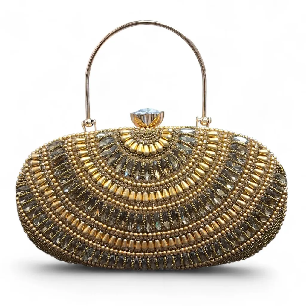 Women’s Evening Clutch Bag – Embellished Bridal Wedding Party Purse with Chain (dark gold)